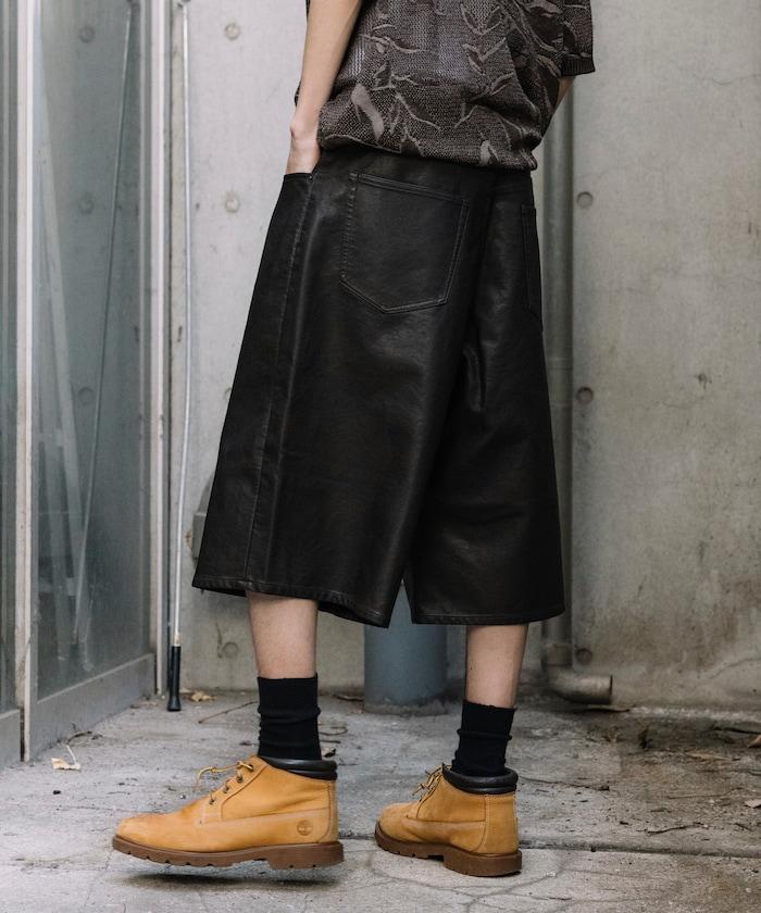 復古風格仿皮寬鬆短褲