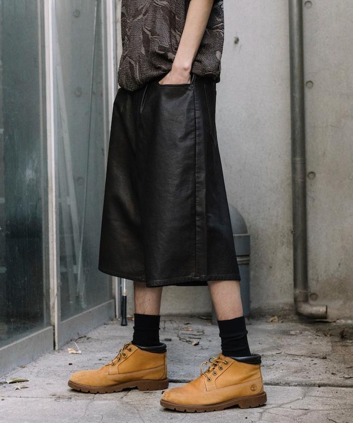 復古風格仿皮寬鬆短褲