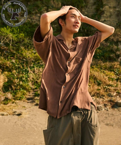 亞麻粘膠 開領 短袖襯衫