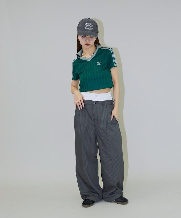 細條紋 雙高腰 雙褶 寬鬆褲