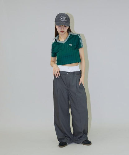 細條紋 雙高腰 雙褶 寬鬆褲