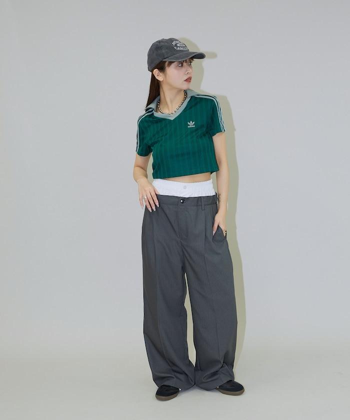 細條紋 雙高腰 雙褶 寬鬆褲