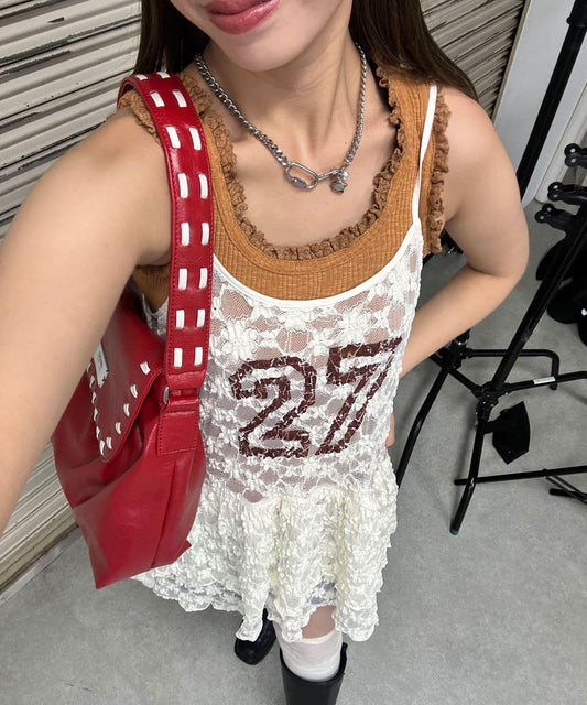 蕾絲連衣裙數字排列不規則下襬連衣裙