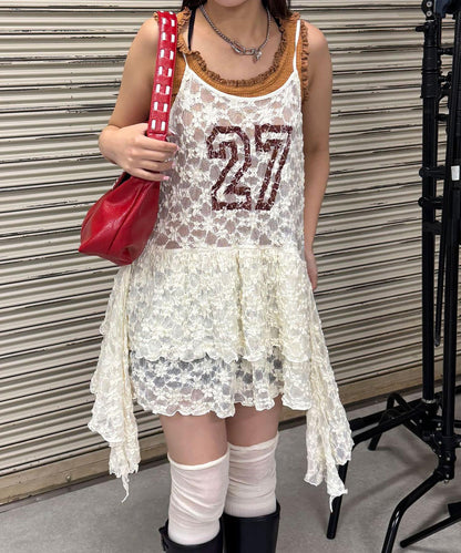 蕾絲連衣裙數字排列不規則下襬連衣裙