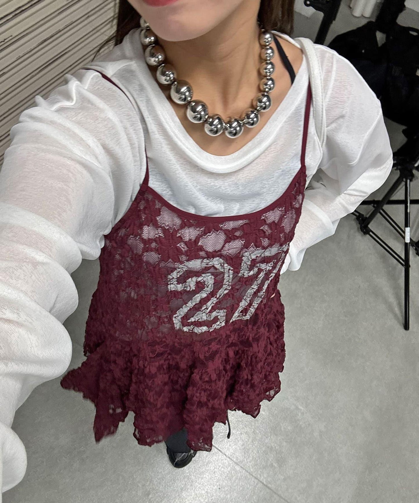 蕾絲連衣裙數字排列不規則下襬連衣裙