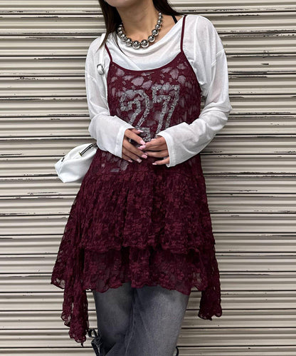 蕾絲連衣裙數字排列不規則下襬連衣裙