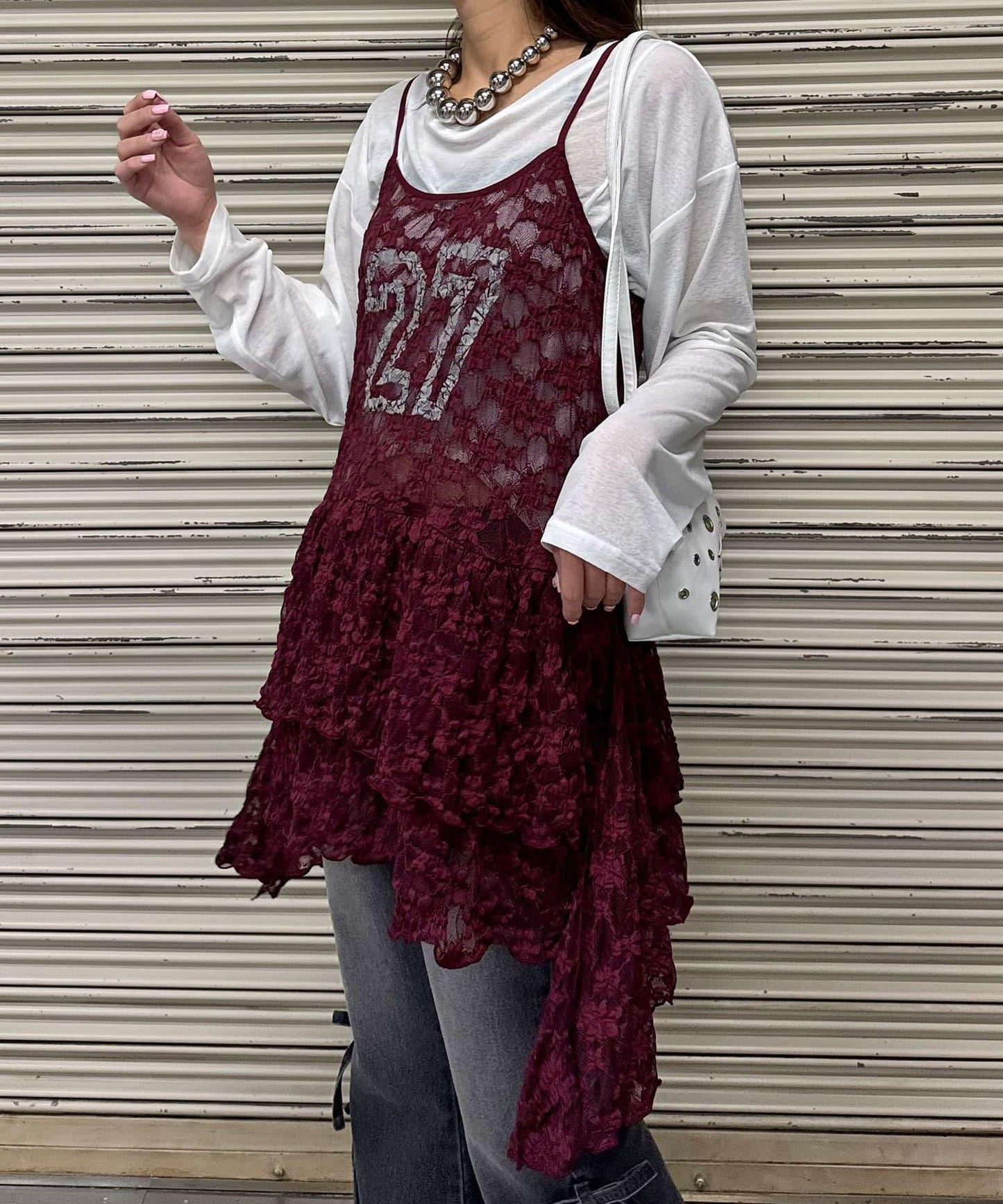 蕾絲連衣裙數字排列不規則下襬連衣裙