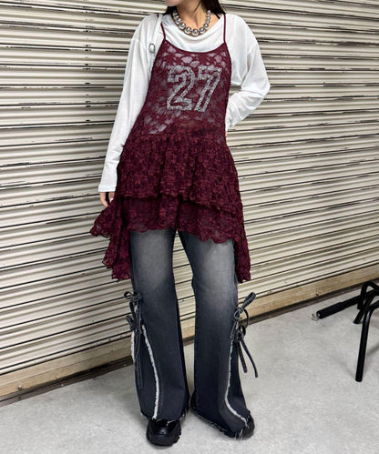 蕾絲連衣裙數字排列不規則下襬連衣裙