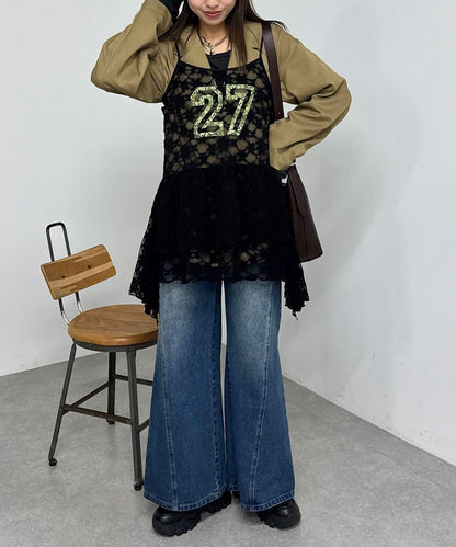 蕾絲連衣裙數字排列不規則下襬連衣裙