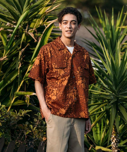 印度制 寬鬆版型 巴蒂克圖案印花 開領襯衫 短袖 樹圖案