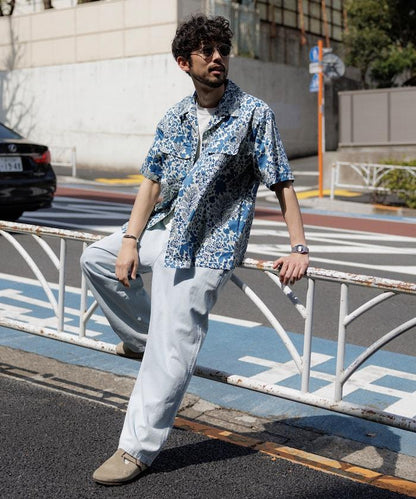 印度制 寬鬆版型 巴蒂克圖案印花 開領襯衫 短袖 樹圖案