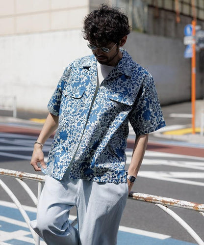 印度制 寬鬆版型 巴蒂克圖案印花 開領襯衫 短袖 樹圖案