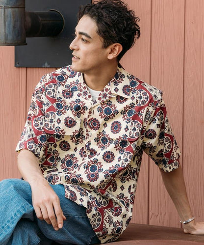 印度制 寬鬆版型 巴蒂克圖案印花 開領襯衫 短袖 小花紋
