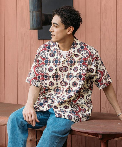 印度制 寬鬆版型 巴蒂克圖案印花 開領襯衫 短袖 小花紋