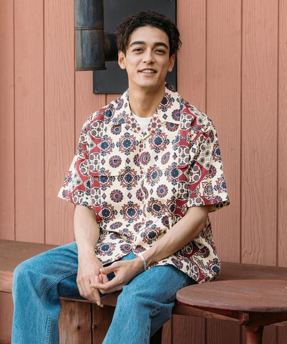 印度制 寬鬆版型 巴蒂克圖案印花 開領襯衫 短袖 小花紋