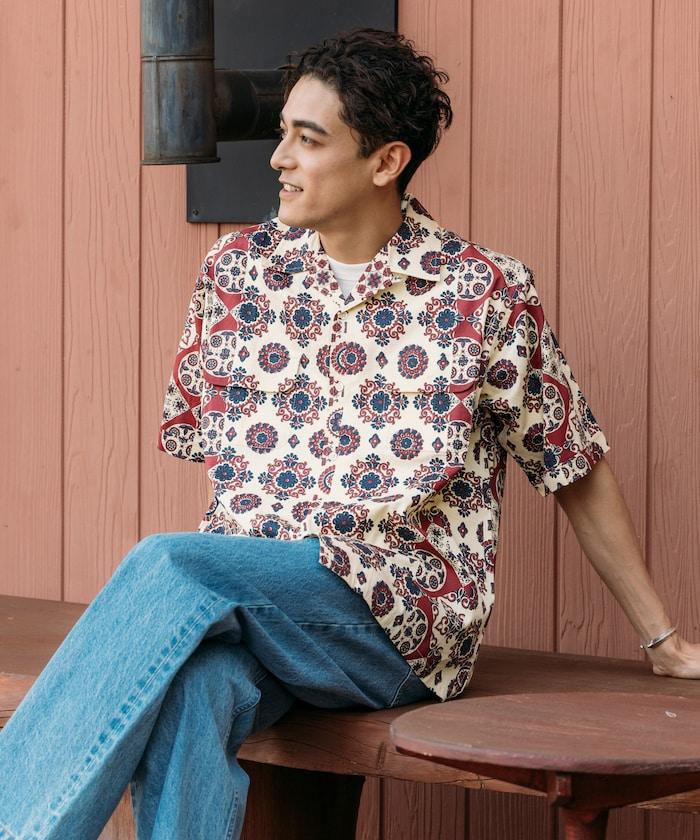 印度制 寬鬆版型 巴蒂克圖案印花 開領襯衫 短袖 小花紋