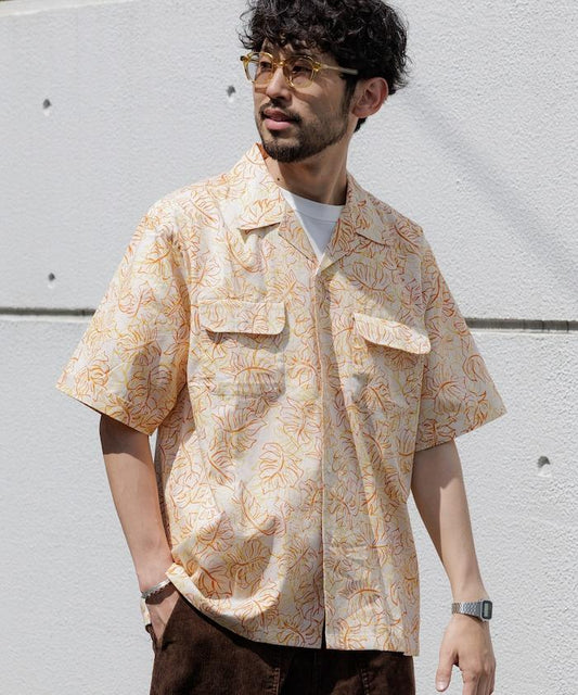 印度制 寬鬆版型 巴厘島印花 開領襯衫 短袖 葉子圖案