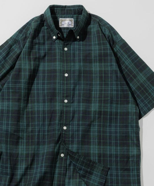 印度制 寬鬆版型 深色馬德拉斯格子 紐扣襯衫 短袖