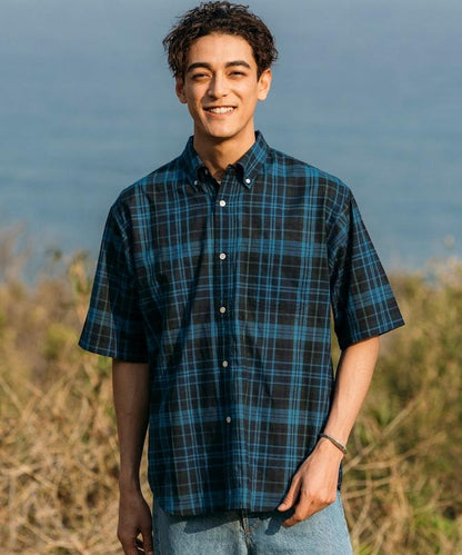 印度制 寬鬆版型 深色馬德拉斯格子 紐扣襯衫 短袖