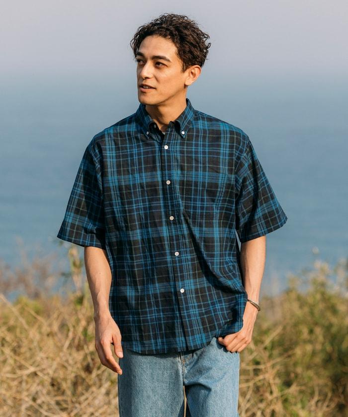 印度制 寬鬆版型 深色馬德拉斯格子 紐扣襯衫 短袖