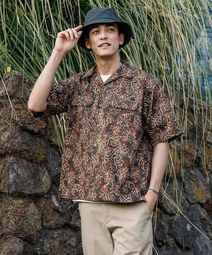 印度制 寬鬆版型 巴厘島印花 開領襯衫 短袖 葉子圖案