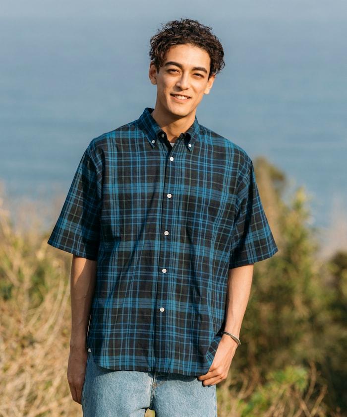 印度制 寬鬆版型 深色馬德拉斯格子 紐扣襯衫 短袖