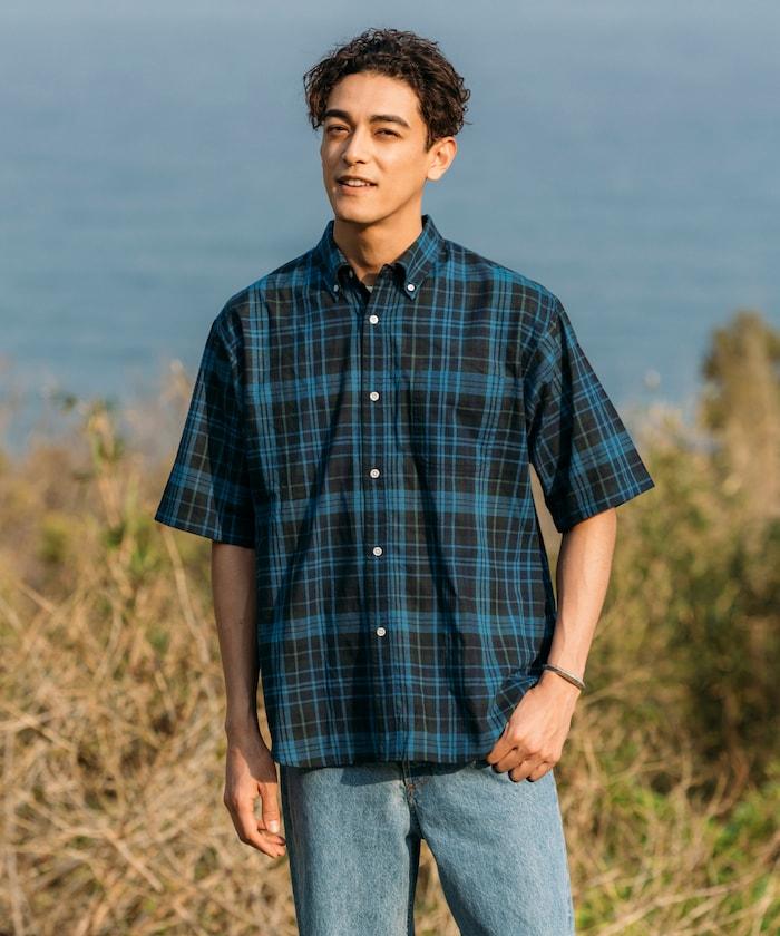 印度制 寬鬆版型 深色馬德拉斯格子 紐扣襯衫 短袖