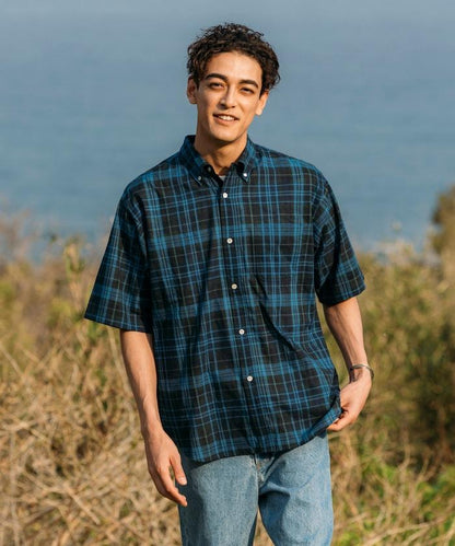 印度制 寬鬆版型 深色馬德拉斯格子 紐扣襯衫 短袖