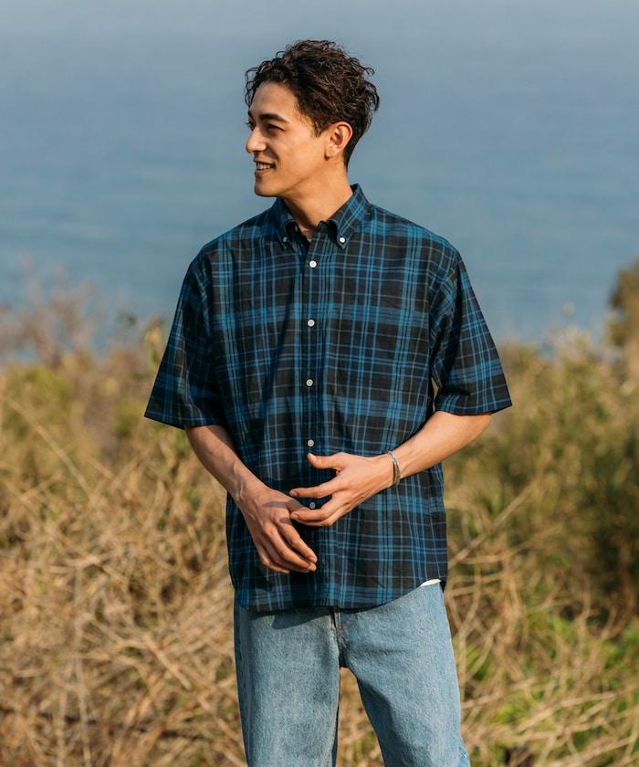 印度制 寬鬆版型 深色馬德拉斯格子 紐扣襯衫 短袖