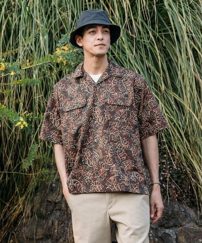 印度制 寬鬆版型 巴厘島印花 開領襯衫 短袖 葉子圖案