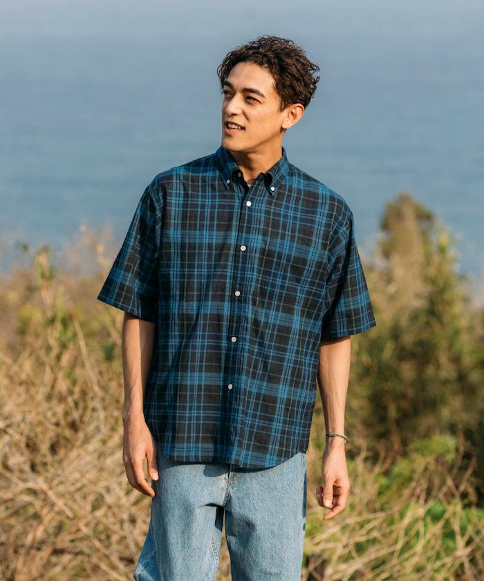 印度制 寬鬆版型 深色馬德拉斯格子 紐扣襯衫 短袖