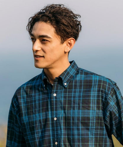 印度制 寬鬆版型 深色馬德拉斯格子 紐扣襯衫 短袖