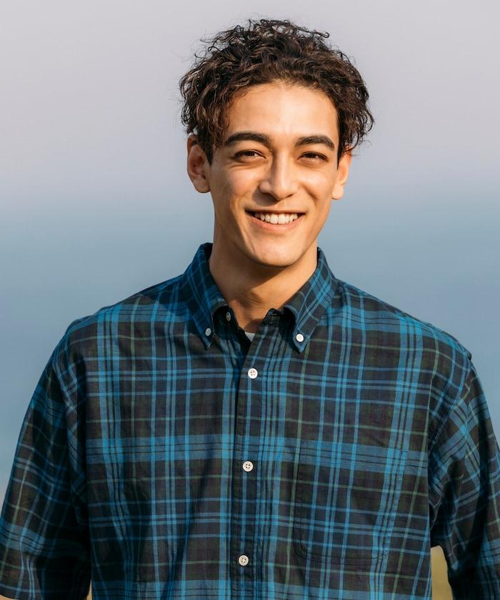 印度制 寬鬆版型 深色馬德拉斯格子 紐扣襯衫 短袖