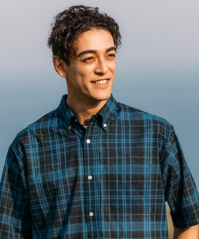 印度制 寬鬆版型 深色馬德拉斯格子 紐扣襯衫 短袖