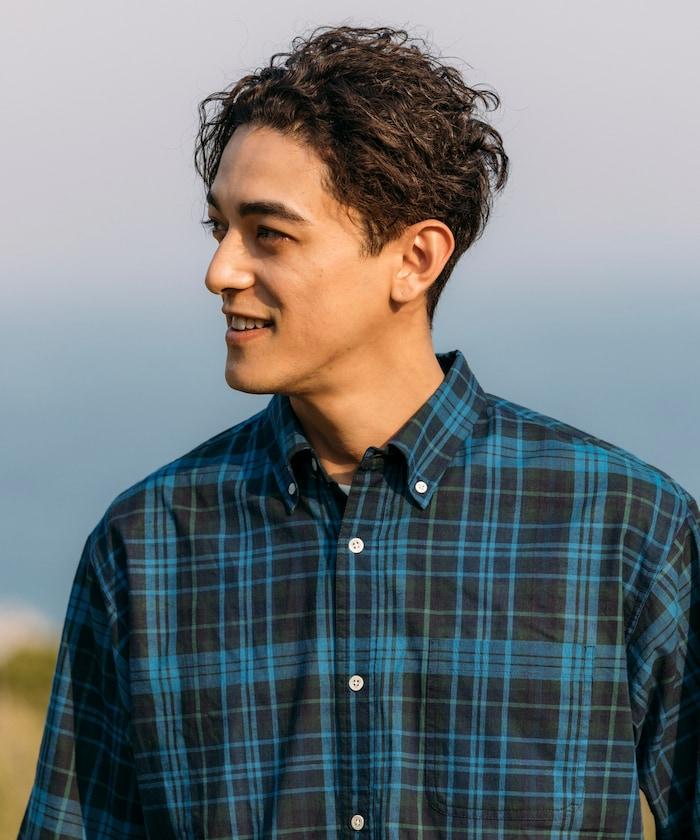 印度制 寬鬆版型 深色馬德拉斯格子 紐扣襯衫 短袖