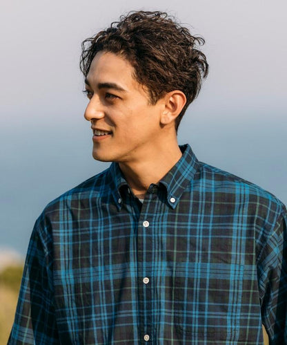 印度制 寬鬆版型 深色馬德拉斯格子 紐扣襯衫 短袖