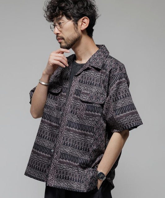 印度制 寬鬆版型 巴蒂克圖案印花 開領襯衫 短袖 非洲風格