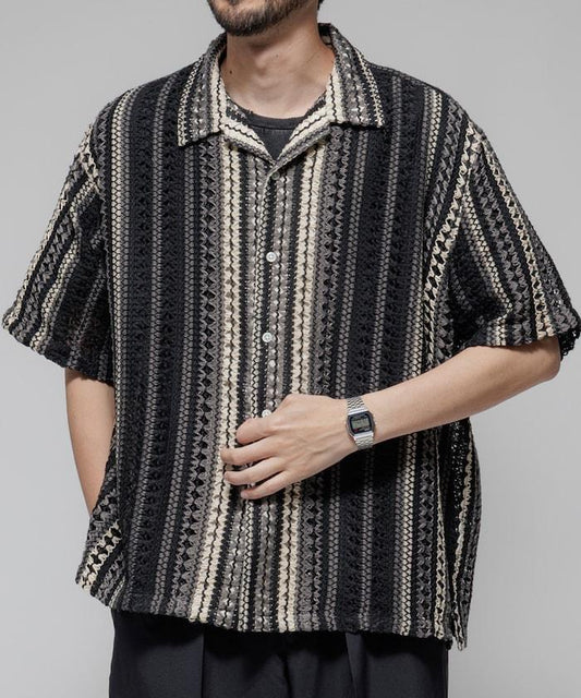 印度制 寬鬆版型 綜合圖案蕾絲 多色條紋 開領襯衫 短袖