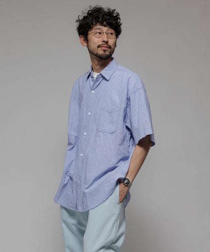 聯名 皺紋加工 舒適版型 常規領口 短袖條紋襯衫