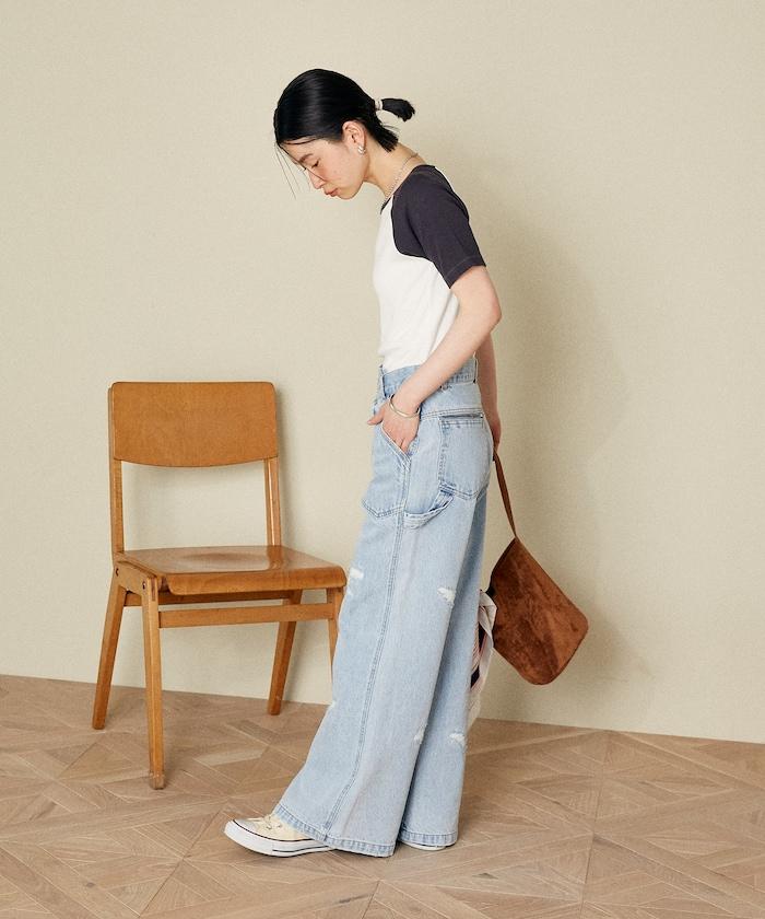 交叉細節 畫家寬鬆破洞褲