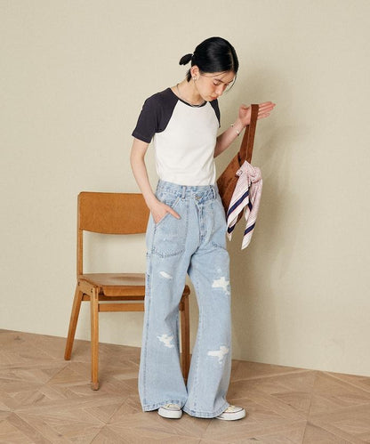 交叉細節 畫家寬鬆破洞褲