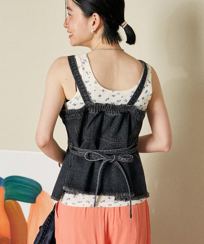 牛仔不對稱背心/帶蝴蝶結 牛仔背心