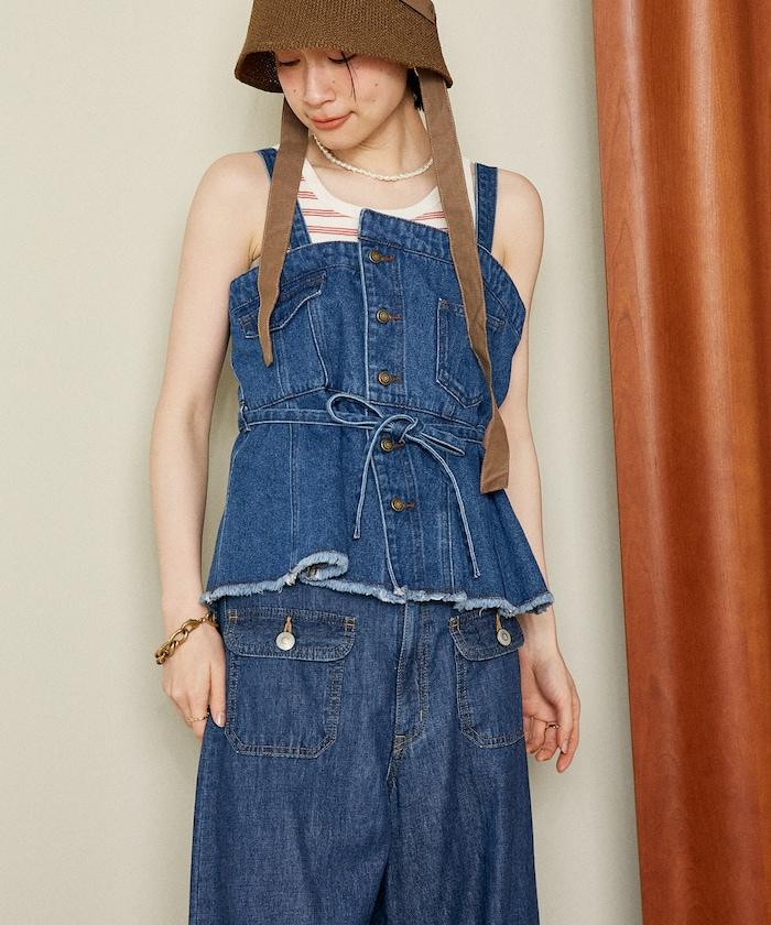 牛仔不對稱背心/帶蝴蝶結 牛仔背心