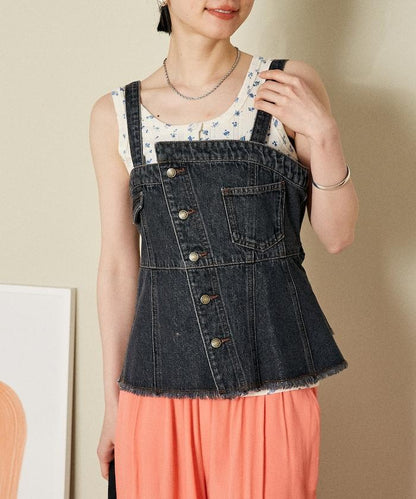 牛仔不對稱背心/帶蝴蝶結 牛仔背心