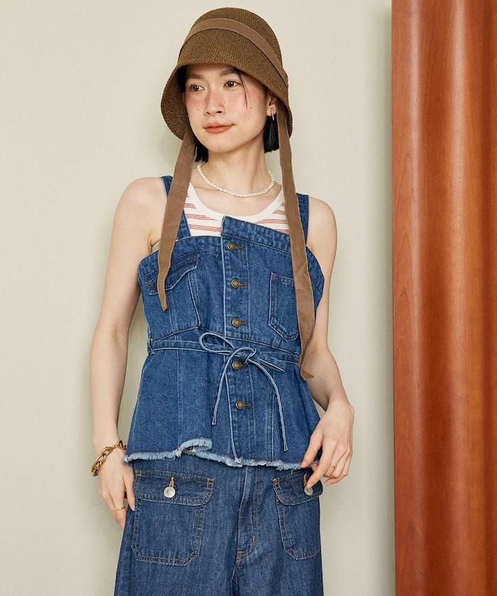 牛仔不對稱背心/帶蝴蝶結 牛仔背心