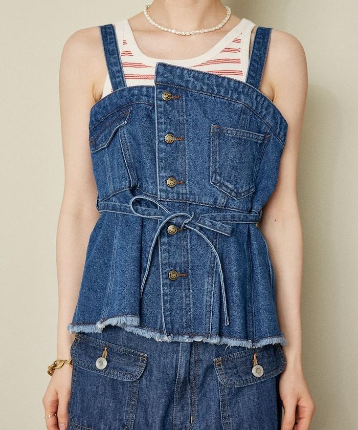 牛仔不對稱背心/帶蝴蝶結 牛仔背心