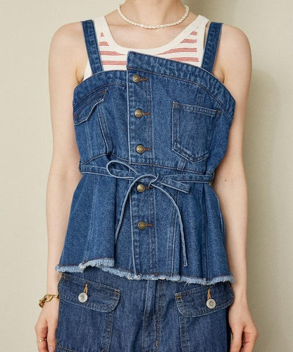 牛仔不對稱背心/帶蝴蝶結 牛仔背心