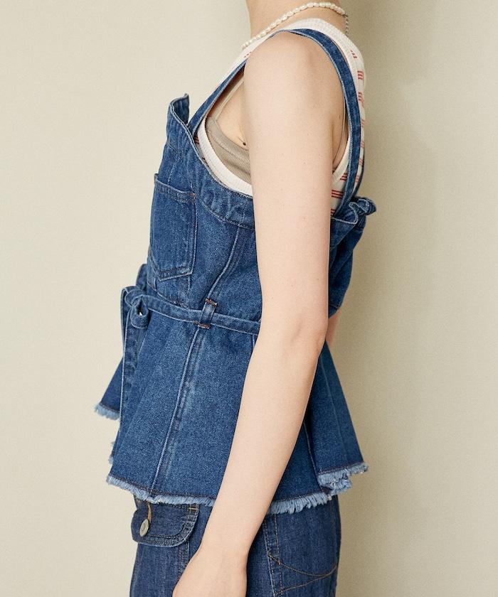 牛仔不對稱背心/帶蝴蝶結 牛仔背心