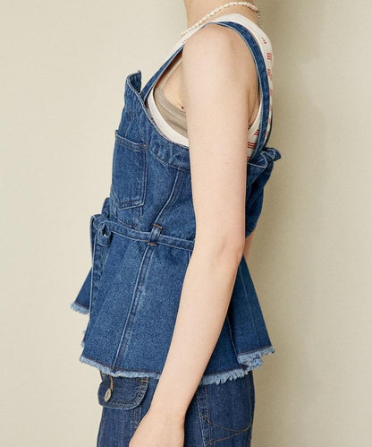 牛仔不對稱背心/帶蝴蝶結 牛仔背心