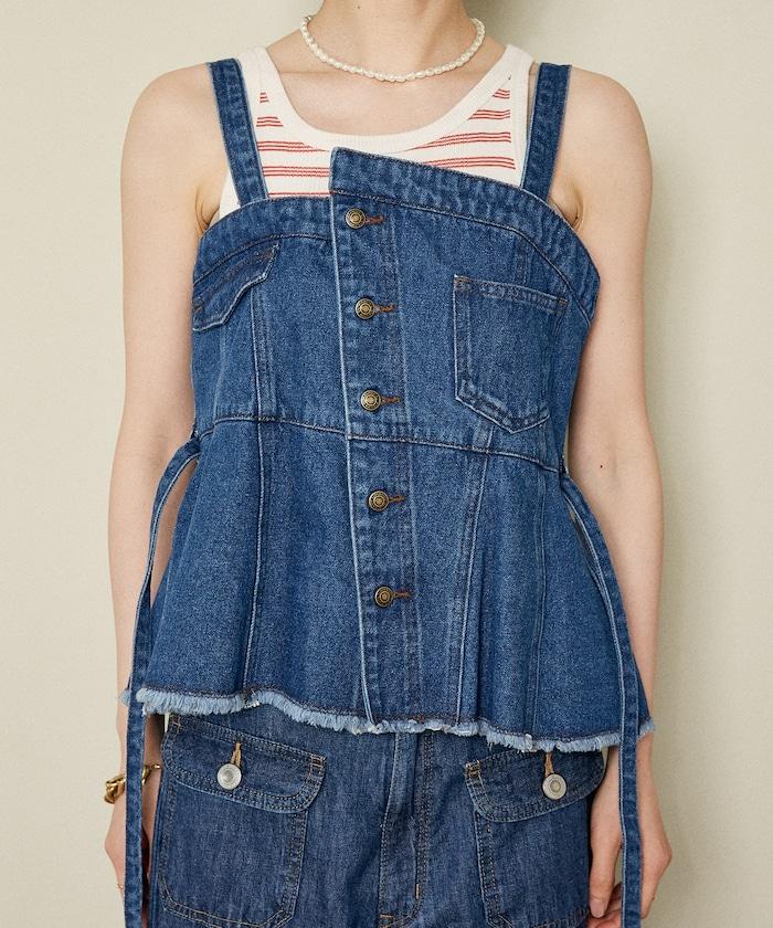 牛仔不對稱背心/帶蝴蝶結 牛仔背心